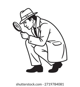 Un detective examinando algo con una lupa en blanco y negro