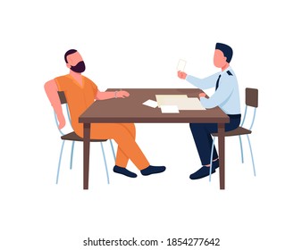 Detective Interrogating Criminal Flat Color Vector Faceless Characters. Prisoner With Officer. Evidence On Desk. Crime Investigation Isolated Cartoon Illustration For Web Graphic Design And Animation