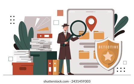 Detective investigate crime. Man with magnifying glass near officer badge. Police officer at workplace. Assesment of evidences. Cartoon flat vector illustration isolated on white background