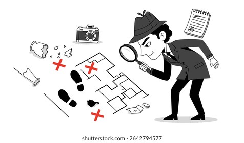 Detective Investigating Clues and Solving a Mystery with a Magnifying Glass Tool