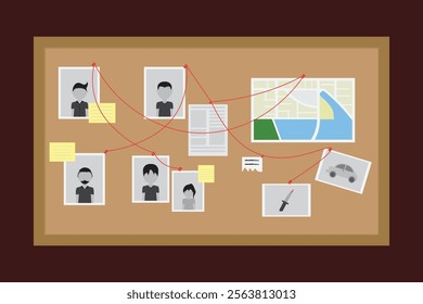 Detective Investigation Board Illustration, Crime Scene Evidence Board, Detective's Clue Board with Notes and Photos Vector