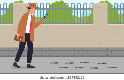 Detective Investigation concept with a private investigator examining shoe marks on the sidewalk. Flat cartoon vector illustration.