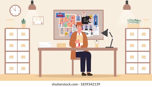 Detective Investigation concept. A private detective sits at his Desk in the office studying evidence and reading documents. Flat cartoon vector illustration.