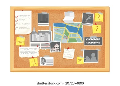 Detective Investigation Cork Board, Work Place In Cartoon Style Isolated On White Background. Mystery Photo, Map, Police Mind Plan 