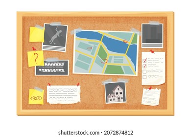 Detective Investigation Cork Board, Work Place In Cartoon Style Isolated On White Background. Mystery Photo, Map, Police Mind Plan 