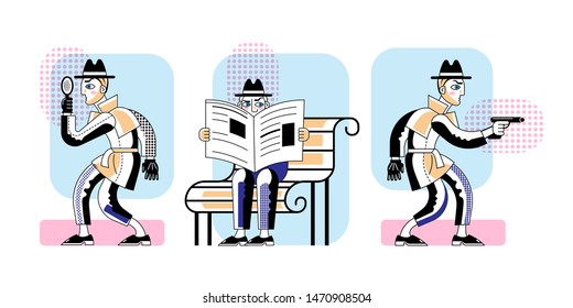 Detective investigation flat illustrations set. Police inspector searching clues and spying isolated clipart. Private detective holding gun, secret agent with magnifier cartoon characters pack