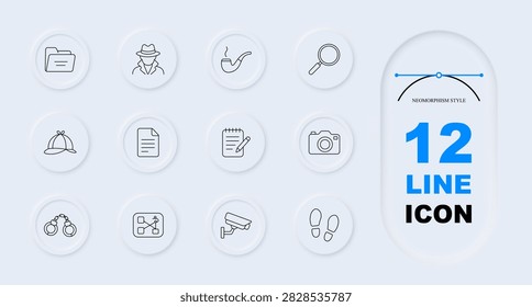 Detective investigation set icon. Folder archive, detective man, smoking pipe, search lens, hat, document page, notepad pen, camera device, handcuffs pair, evidence board, security camera, footprint