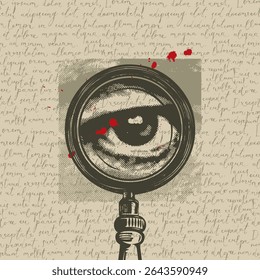 Detective and investigation theme vector banner with magnifying glass and human eye on calligraphic text or page, manuscript background. T-shirt design, print, illustration for book, magazine. No AI 