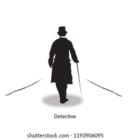 Detective investigator man wear hat walk along the way silhouette isolate on white background vector illustration.