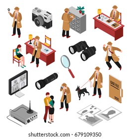 Detective isometric set with client, workplace and equipment, search with dog, case file, photos isolated vector illustration