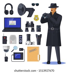 Detective Items Near Spy Or Investigation Officer. Secret Agent Near Notebook And Glasses, Magnifier, Camera And Walkie Talkie, Top Secret Document, Headphones, Police Badge, Binocular. Sleuth