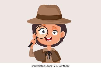 
Detective Little Girl Holding a Magnifying Glass Toot Vector Cartoon. Fröhlich fröhliches Kind, das sich in der Kostüme eines Privatinspektors anzieht
