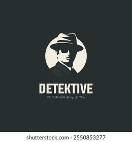 Um logotipo de detetive com uma silhueta vintage com um chapéu e terno contra um fundo da lua. Ideal para romances de mistério, film noir e agências de detetives que procuram um design clássico e enigmático.