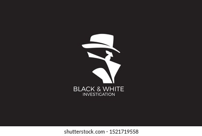 Detective logo forming a man with hat in black and white color