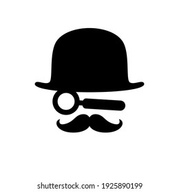 detective logo gentleman hat mustache and glass magnifier symbol