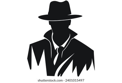 detective logo, silhouette of man wear hat and coat