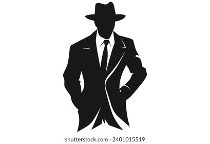 detective logo, silhouette of man wear hat and coat