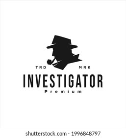 Detective Logo Vector Design Illustration Icon Spy Secret Agent The Mafia. Sherlock Holmes Silhouette. Creative Black Head Private Investigator Template Symbol 