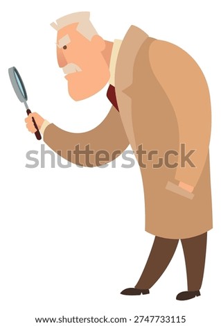 Detective look through magnifying glass. Clue search cartoon icon