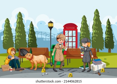 Detective looking for clues with magnifying glass in park background illustration