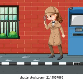 Detective looking for clues with magnifying glass in scene illustration