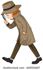 Detective looking for clues with magnifying glass illustration