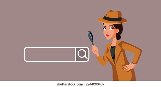 
Detective Looking into a Search Bar Browsing Vector Cartoon. private inspector monitoring online activity and browsing history in cyber crime case
