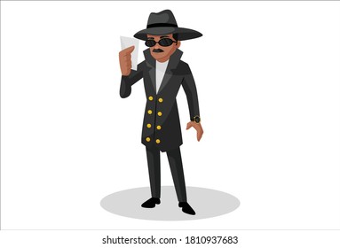 Detective is looking at a photograph in hand. Vector graphic illustration. Individually on white background.
