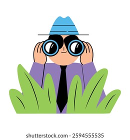 A detective looking through binoculars while hiding in the bushes, flat illustration 

