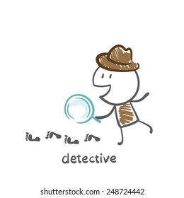 detective looking through a magnifying glass in the following illustration