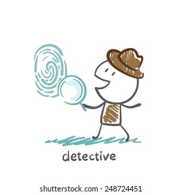 detective looking through a magnifying glass on a fingerprint illustration