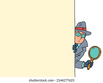 The detective looks out with a magnifying glass from behind the door, a man in a coat, hat and glasses