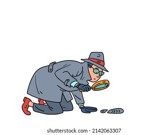 A detective with a magnifying glass examines the tracks. a private detective, a man in a coat, hat and glasses