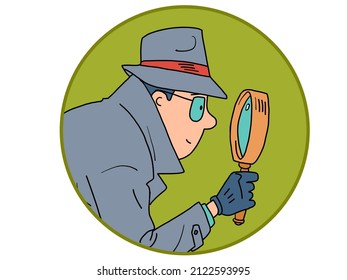 Detective and Magnifying glass, icon. a private detective, a man in a coat, hat and glasses