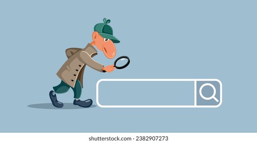 
Detective with Magnifying Glass Looking at a Search Bar Vector Illustration. Funny inspector checking web browser history in order to solve a case 
