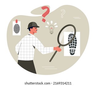 Detective with magnifying glass. Man evaluates trace of criminal and draws conclusions. analysis of facts and evidence, search for killer or robber. Cop in office. Cartoon flat vector illustration