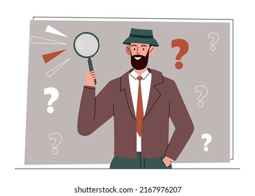 Detective with magnifying glass. Man with loupe looking for answers to question. Criminal investigation. Character looking for criminal and studies facts and evidence. Cartoon flat vector illustration