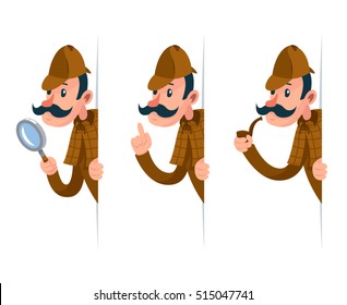 Detective With Magnifying Glass Peeking Out Of Corner Cartoon Design Vector Illustration