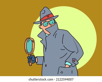 Detective and Magnifying Glass. a private detective, a man in a coat, hat and glasses