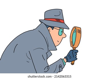 Detective and Magnifying Glass. a private detective, a man in a coat, hat and glasses