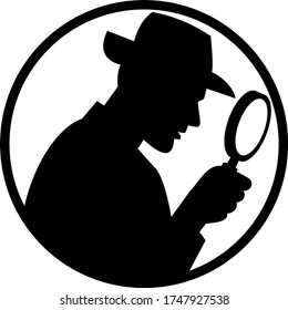 Detective With Magnifying Glass Silhouette Circle Black and White