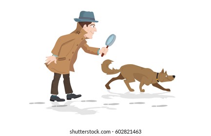 Detective with magnifying glass and tracker dog hunting footprints