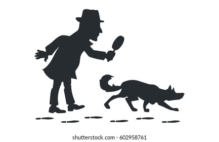 Detective with magnifying glass and tracker dog silhouette