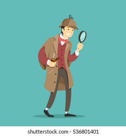 Detective with a magnifying glass. Vector illustration.