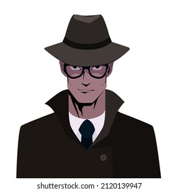 Detektive männliche Avatar-Vektorgrafik. Film noir Charakter Mann mit Hut. Cartoon-Stil