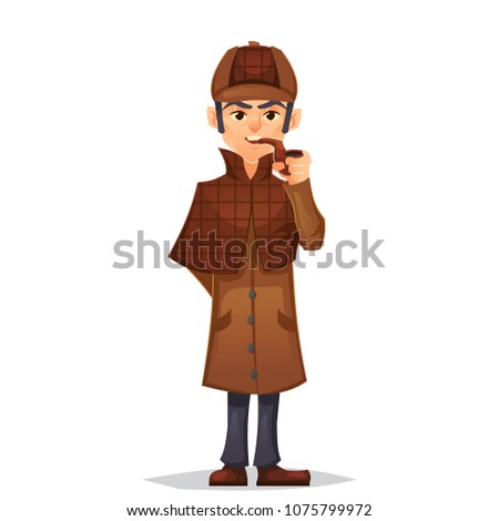 Detective man character smoking pipe design, cartoon flat style, vector color illustration eps10