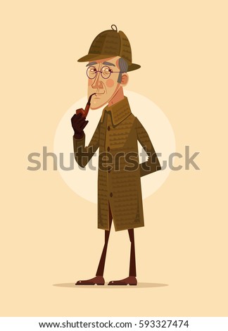 Detective man character smoking pipe. Vector flat cartoon illustration