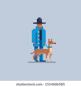 Detective, a man in a coat and hat walks with a dog on a leash, pixel art icon. Design for mobile app, web, logo. Isolated vector illustration. Game assets 8-bit sprite.