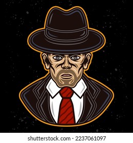 Detective man in fedora hat in suit character colorful vector illustration in cartoon style isolated on dark background