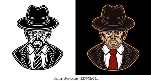 Detective man in fedora hat in suit two styles black on white and colorful on dark background vector illustration